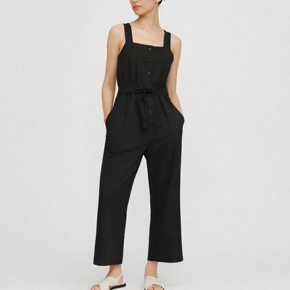 Everlane The Linen Picnic Straight Leg Square Neck Jumpsuit Washed Black 0